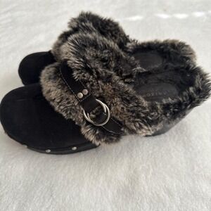 y2k arizona platform black faux fur mules